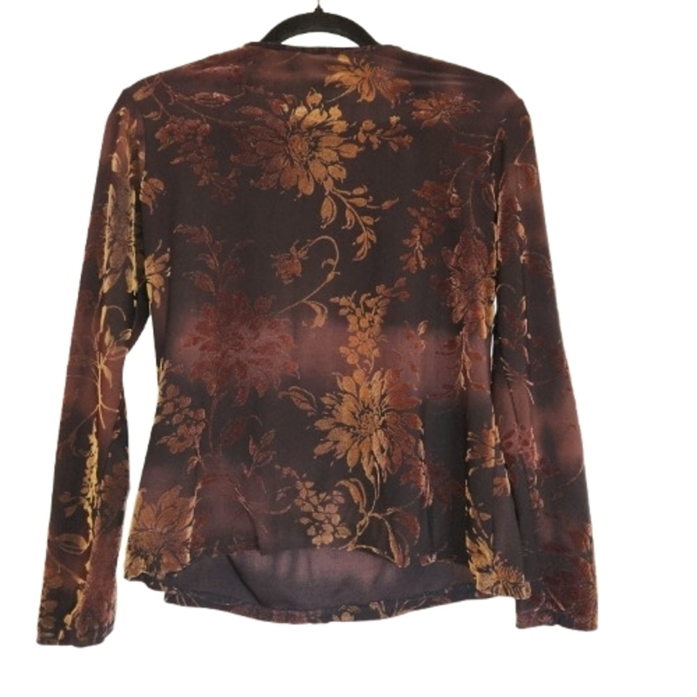 Vintage Velvet Burnout Browns & Gold Floral Long Sleeve V-Neck Top Size S/M Y2K - Picture 2 of 8